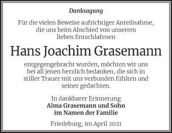 Traueranzeige von Hans Joachim Grasemann von Mitteldeutsche Zeitung Mansfelder Land