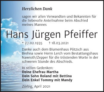 Traueranzeige von Hans Jürgen Pfeiffer von Mitteldeutsche Zeitung Bitterfeld