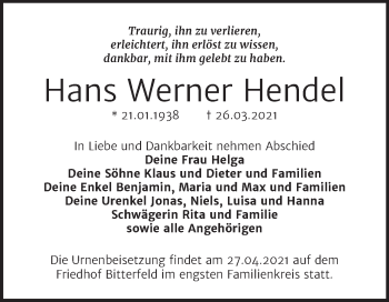Traueranzeige von Hans Werner Hendel von Mitteldeutsche Zeitung Bitterfeld