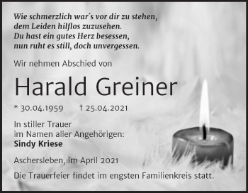 Traueranzeige von Harald Greiner von Trauerkombi Aschersleben