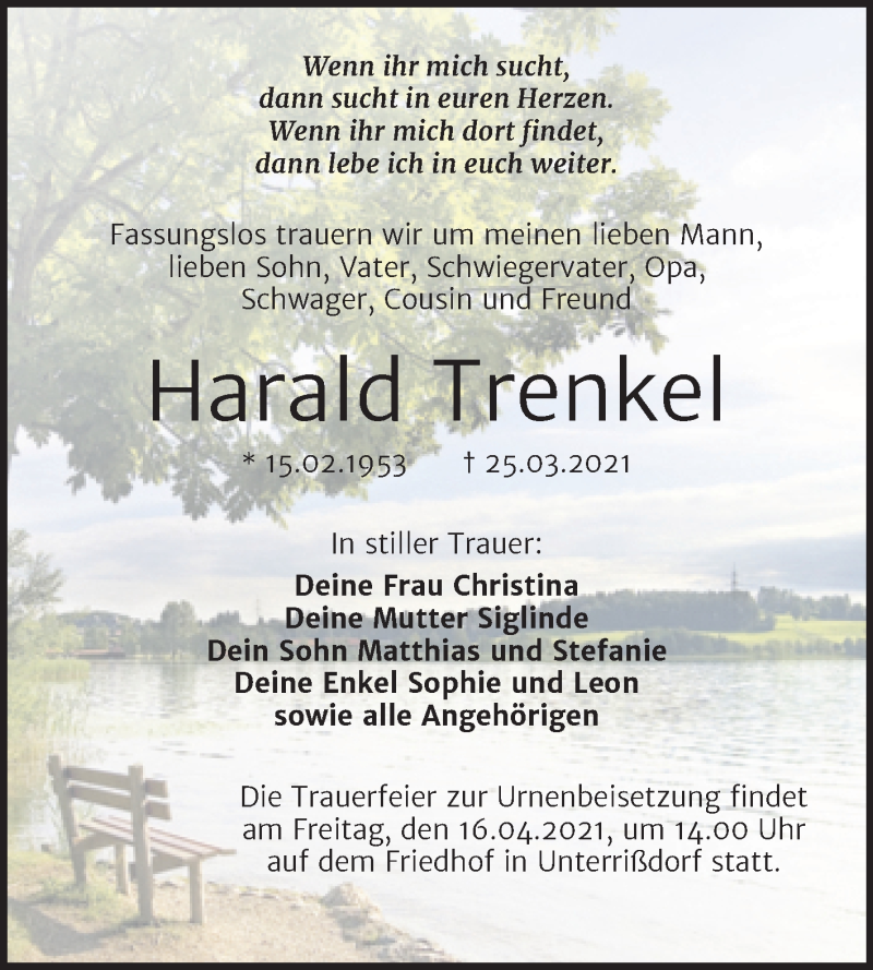  Traueranzeige für Harald Trenkel vom 10.04.2021 aus Mitteldeutsche Zeitung Mansfelder Land