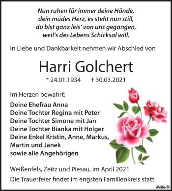 Traueranzeige von Harri Golchert von Mitteldeutsche Zeitung Zeitz