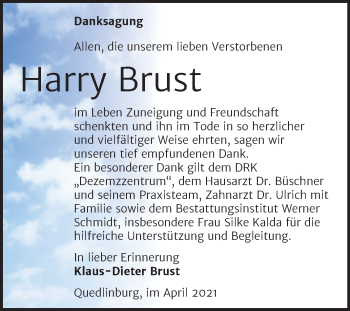 Traueranzeige von Harry Brust von Mitteldeutsche Zeitung Quedlingburg