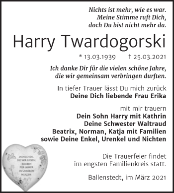 Traueranzeige von Harry Twardogorski von Mitteldeutsche Zeitung Quedlingburg