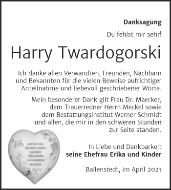 Traueranzeige von Harry Twardogorski von Mitteldeutsche Zeitung Quedlingburg