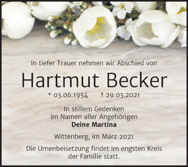  Traueranzeige für Hartmut Becker vom 10.04.2021 aus Mitteldeutsche Zeitung Wittenberg