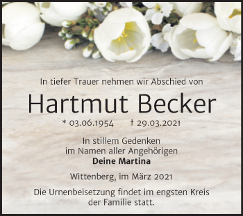 Traueranzeige von Hartmut Becker von Mitteldeutsche Zeitung Wittenberg