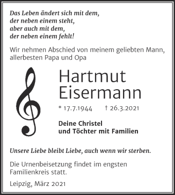 Traueranzeige von Hartmut Eisermann von Mitteldeutsche Zeitung Mansfelder Land
