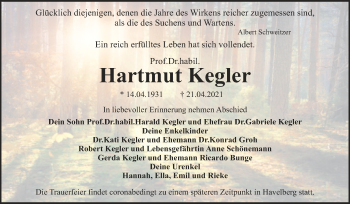 Traueranzeige von Hartmut Kegler von Trauerkombi Aschersleben