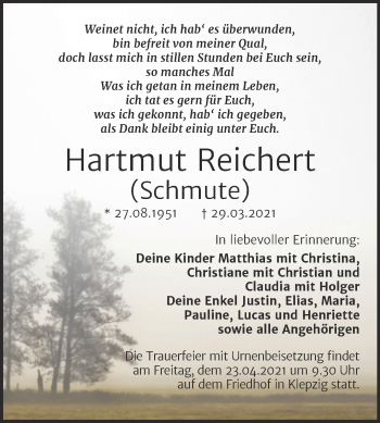 Traueranzeige von Hartmut Reichert von Mitteldeutsche Zeitung Köthen