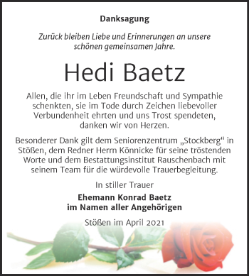 Traueranzeige von Hedi Baetz von Mitteldeutsche Zeitung Naumburg/Nebra