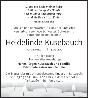 Traueranzeige von Heidelinde Kusebauch von Mitteldeutsche Zeitung Bernburg