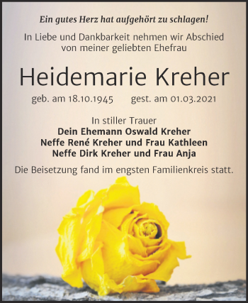 Traueranzeige von Heidemarie Kreher von Mitteldeutsche Zeitung Wittenberg