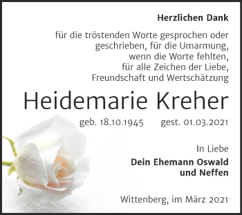 Traueranzeige von Heidemarie Kreher von Mitteldeutsche Zeitung Wittenberg