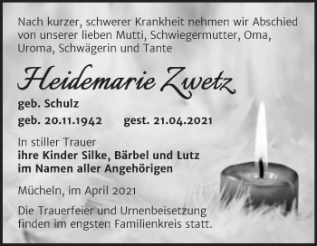 Traueranzeige von Heidemarie Zwetz von Trauerkombi Merseburg