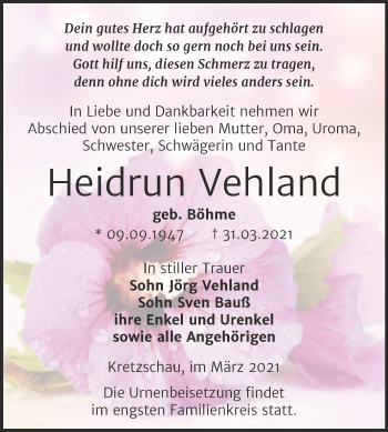 Traueranzeige von Heidrun Vehland von Mitteldeutsche Zeitung Zeitz