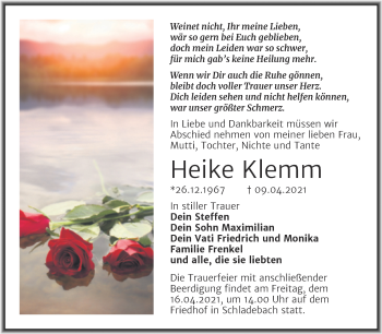 Traueranzeige von Heike Klemm von Mitteldeutsche Zeitung Merseburg/Querfurt