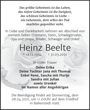 Traueranzeige von Heinz Beelte von Mitteldeutsche Zeitung Quedlingburg