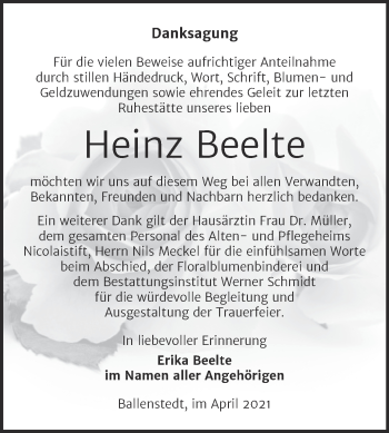 Traueranzeige von Heinz Beelte von Mitteldeutsche Zeitung Quedlingburg