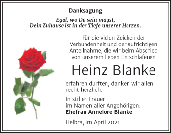 Traueranzeige von Heinz Blanke von Mitteldeutsche Zeitung Mansfelder Land