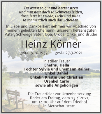 Traueranzeige von Heinz Körner von Mitteldeutsche Zeitung Merseburg/Querfurt