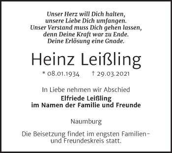 Traueranzeige von Heinz Leißling von Super Sonntag Naumburg/Nebra