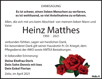 Traueranzeige von Heinz Matthes von Mitteldeutsche Zeitung Zeitz