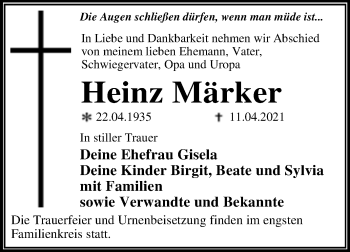 Traueranzeige von Heinz Märker von Mitteldeutsche Zeitung Wittenberg
