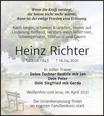 Traueranzeige von Heinz Richter von Mitteldeutsche Zeitung Weißenfels