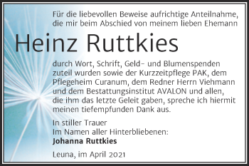 Traueranzeige von Heinz Ruttkies von Mitteldeutsche Zeitung Merseburg/Querfurt