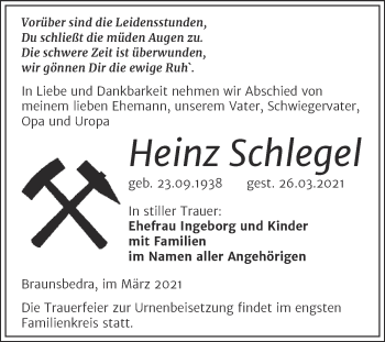 Traueranzeige von Heinz Schlegel von Mitteldeutsche Zeitung Merseburg/Querfurt