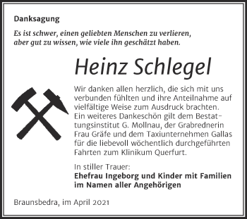 Traueranzeige von Heinz Schlegel von Mitteldeutsche Zeitung Merseburg/Querfurt