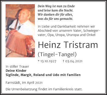 Traueranzeige von Heinz Tristram von Mitteldeutsche Zeitung Merseburg/Querfurt