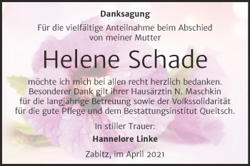 Traueranzeige von Helene Schade von Trauerkombi Köthen