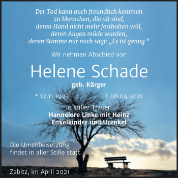 Traueranzeige von Helene Schade von Mitteldeutsche Zeitung Köthen