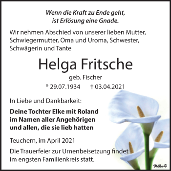 Traueranzeige von Helga Fritsche von Mitteldeutsche Zeitung Weißenfels