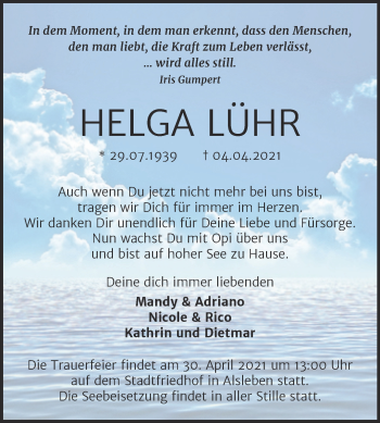 Traueranzeige von Helga Lühr von Mitteldeutsche Zeitung Bernburg