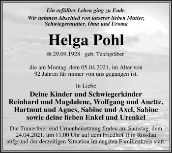 Traueranzeige von Helga Pohl von Mitteldeutsche Zeitung Dessau-Roßlau