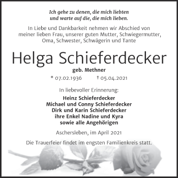 Traueranzeige von Helga Schieferdecker von Mitteldeutsche Zeitung Aschersleben