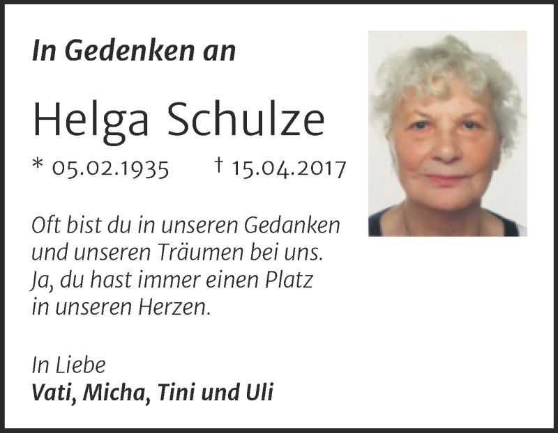  Traueranzeige für Helga Schulze vom 17.04.2021 aus Mitteldeutsche Zeitung Dessau-Roßlau