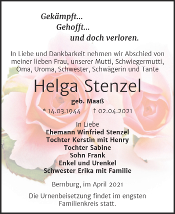 Traueranzeige von Helga Stenzel von Mitteldeutsche Zeitung Bernburg