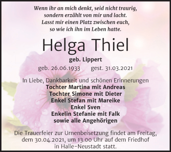 Traueranzeige von Helga Thiel von Mitteldeutsche Zeitung Halle/Saalkreis