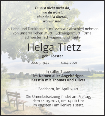 Traueranzeige von Helga Tietz von Mitteldeutsche Zeitung Quedlingburg