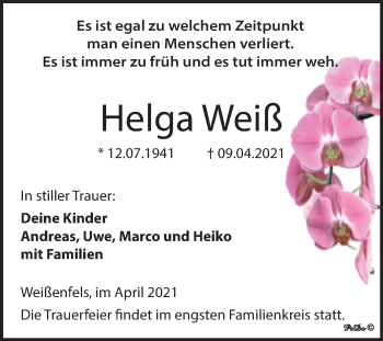 Traueranzeige von Helga Weiß von Mitteldeutsche Zeitung Weißenfels