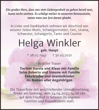 Traueranzeige von Helga Winkler von Mitteldeutsche Zeitung Bitterfeld