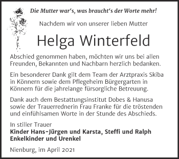 Traueranzeige von Helga Winterfeld von Mitteldeutsche Zeitung Bernburg