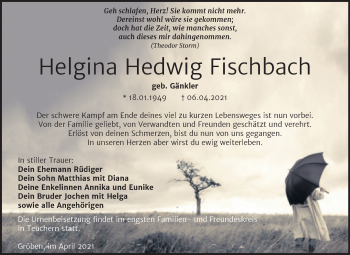 Traueranzeige von Helgina Hedwig Fischbach von Mitteldeutsche Zeitung Weißenfels