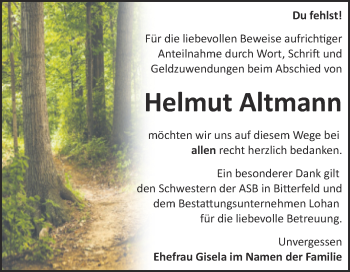 Traueranzeige von Helmut Altmann von Mitteldeutsche Zeitung Bitterfeld