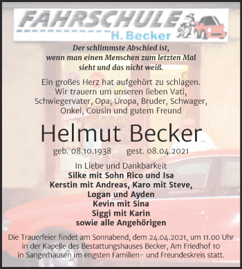 Traueranzeige von Helmut Becker von Mitteldeutsche Zeitung Sangerhausen