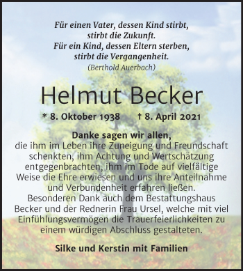 Traueranzeige von Helmut Becker von Trauerkombi Sangerhausen